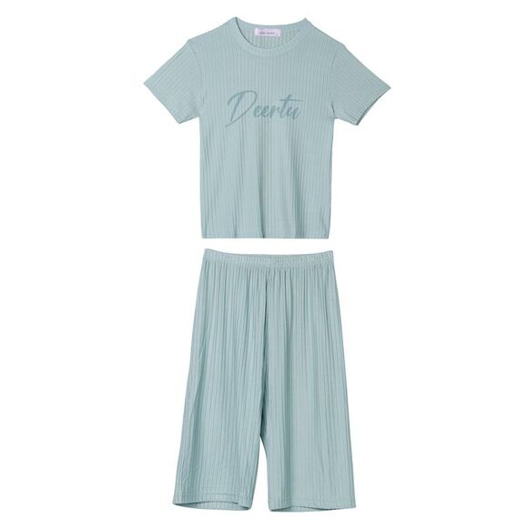 Kids’Sleepwear Short Sleeve with Capri Pants Letters Pajama Blue - Picture 2 of 4